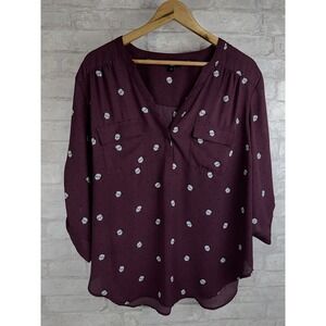 Torrid 1X Purple Novelty Pug Dog Print 3/4 Roll Sleeves Popover Harper Blouse